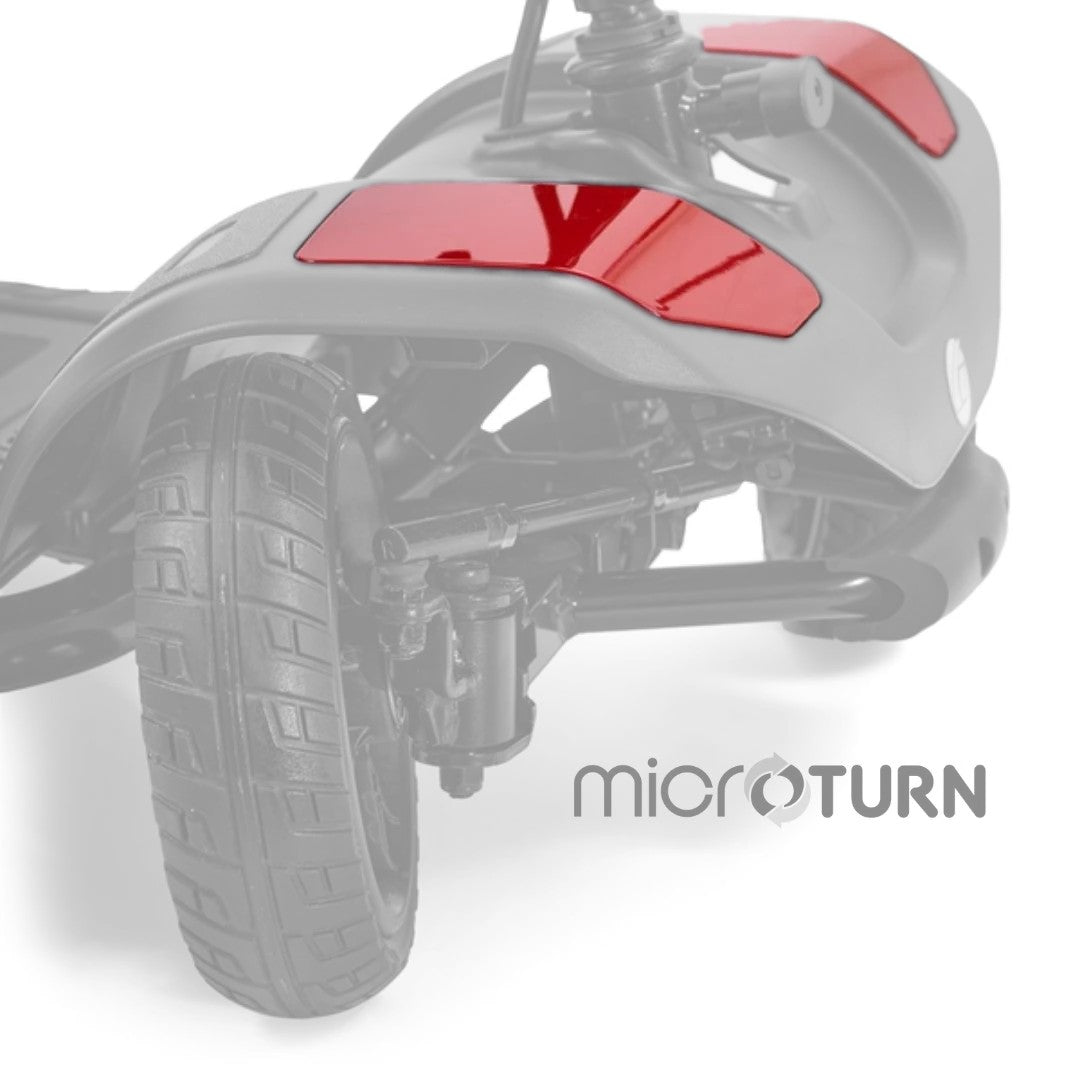 MBA-0081 red accessory shroud pieces shown in color on the front of a Golden Buzzaround LT, rest of the scooter greyed out