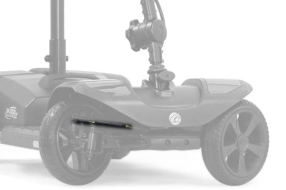 MBH-0002 tie rod shown in color under the front of the 4-wheel Golden Buzzaround LT GB108A, rest of the scooter greyed out