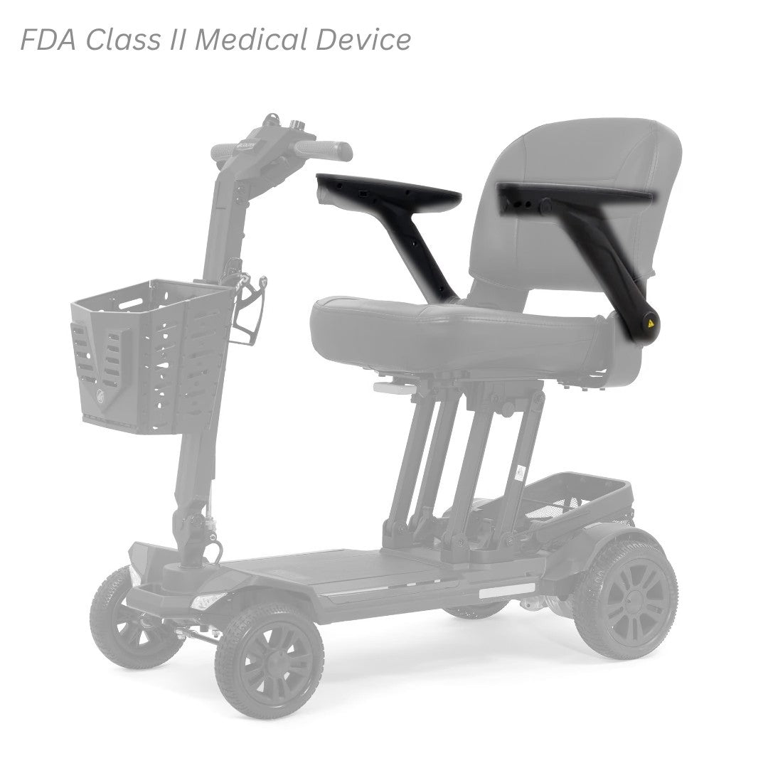 MBS-0043 left and MBS-0042 right seat arms shown in color on the Golden Buzzaround CarryOn HD GB220, rest of the scooter greyed out