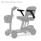 MBS-0043 left and MBS-0042 right seat arms shown in color on the Golden Buzzaround CarryOn HD GB220, rest of the scooter greyed out