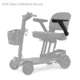 MBS-0043 left seat arm shown in color on the Golden Buzzaround CarryOn HD GB220, rest of the scooter greyed out