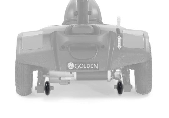 MBW-0017 anti-tip wheels shown in color at the back of the Golden Buzzaround LT, rest of the scooter greyed out