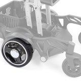 MBW-0037 drive wheel shown in color on the Golden Buzzaround CarryOn GP130, rest of the chair greyed out