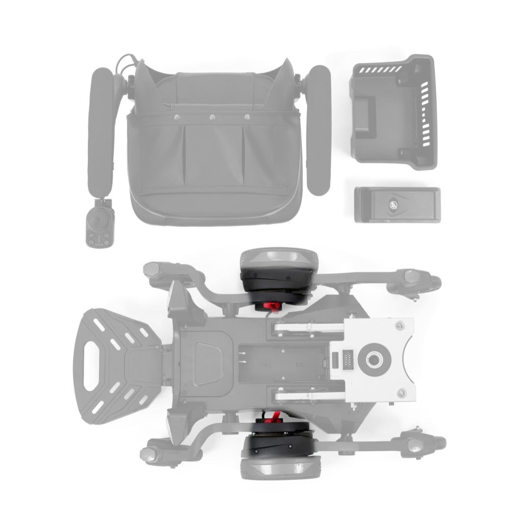 Top view of the Golden Buzzaround CarryOn GP130 base with both drive motors (MBX-0007 right, MBX-0008 left) in color, rest of the chair greyed out