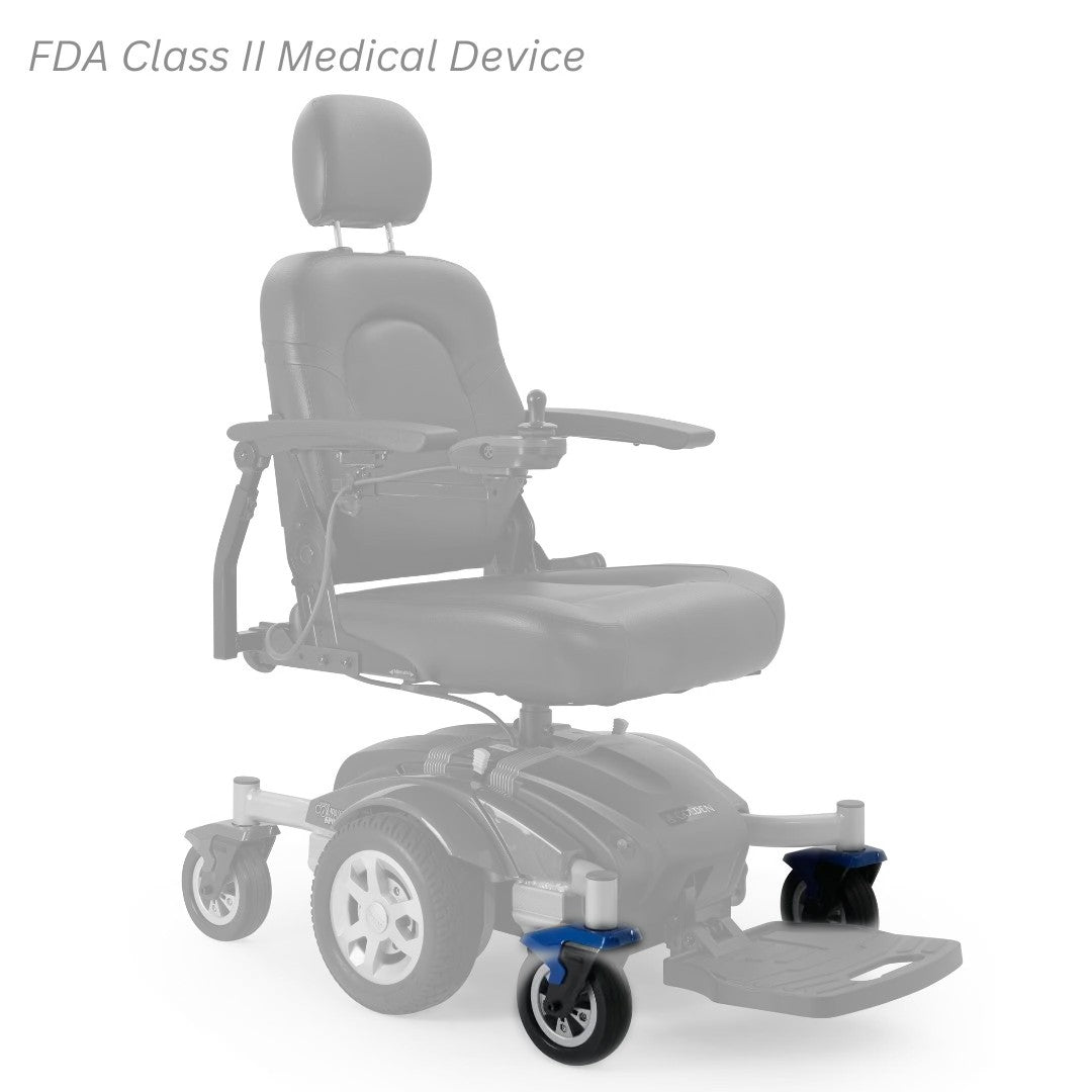 MBX-605A-CWA-L and MBX-605A-CWA-R front caster wheel assemblies shown in color on the Golden Compass Sport GP605 New Version, rest of the chair greyed out