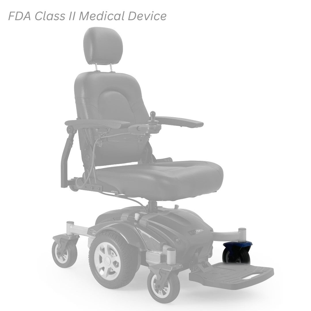 MBX-605A-CWA-L left caster wheel assembly shown in color on the Golden Compass Sport GP605 New Version, rest of the chair greyed out