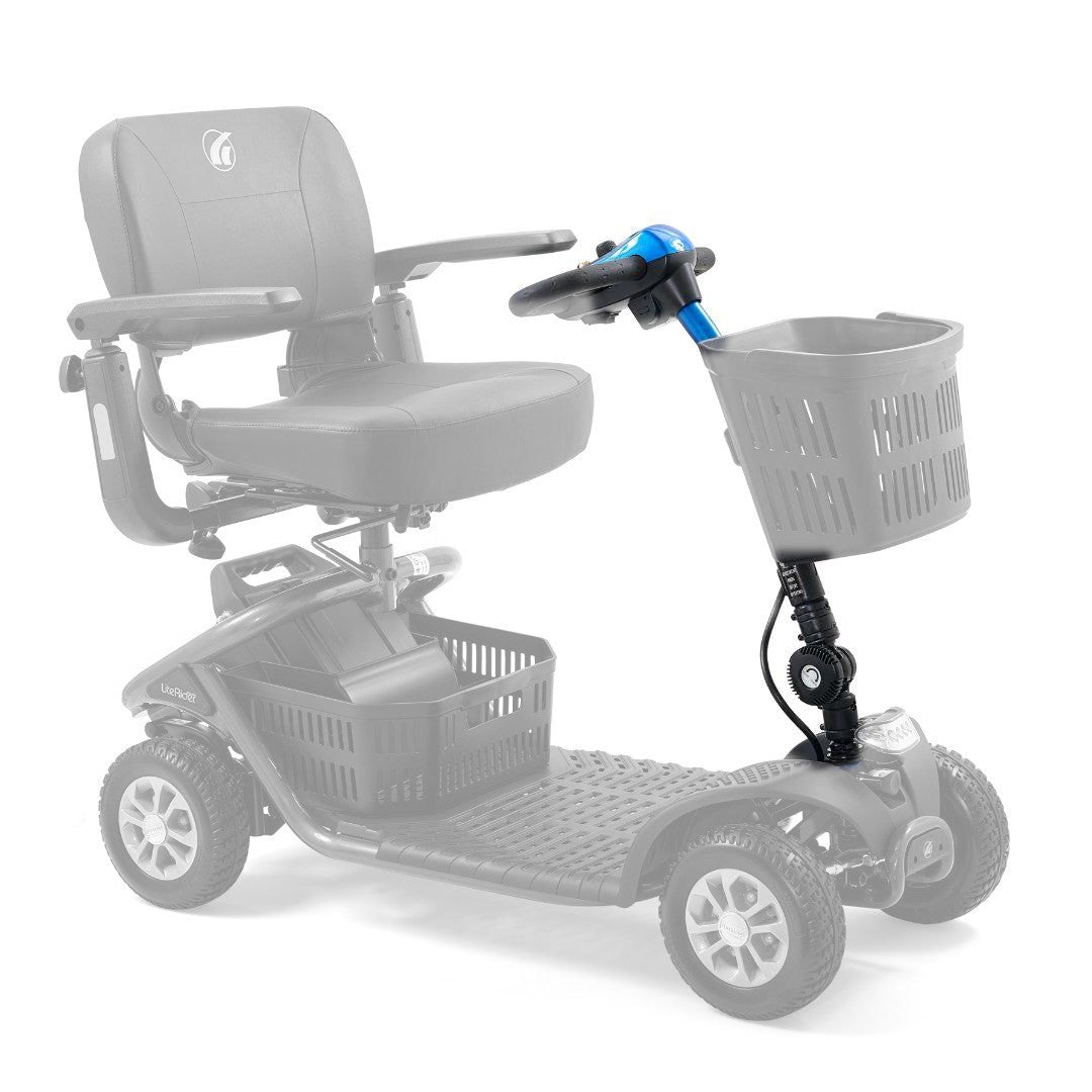 Blue complete tiller shown in color on the Golden LiteRider 4-Wheel GL141, rest of the scooter greyed out