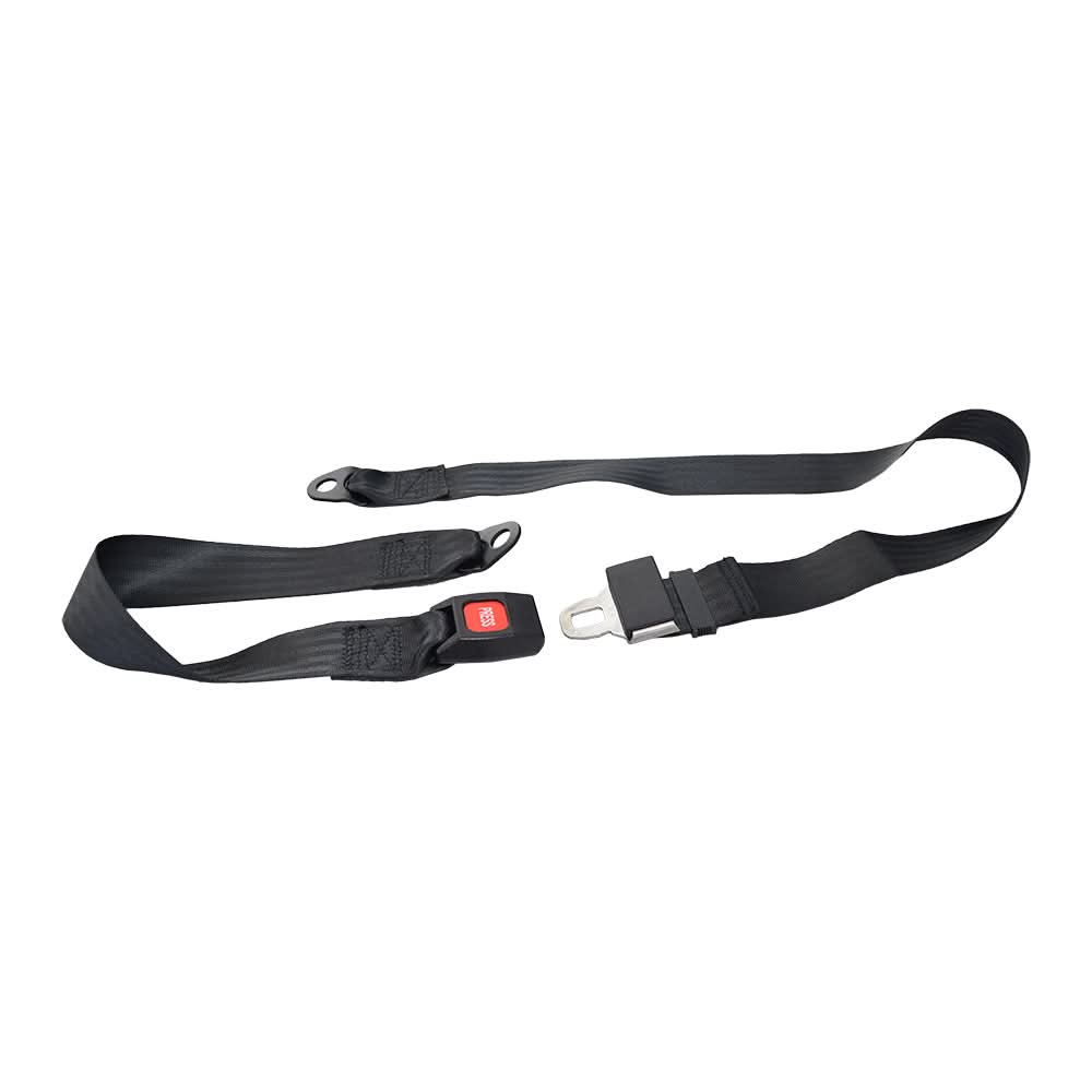 Close-up of Merits 43700291 power chair seat belt black strap and red release button