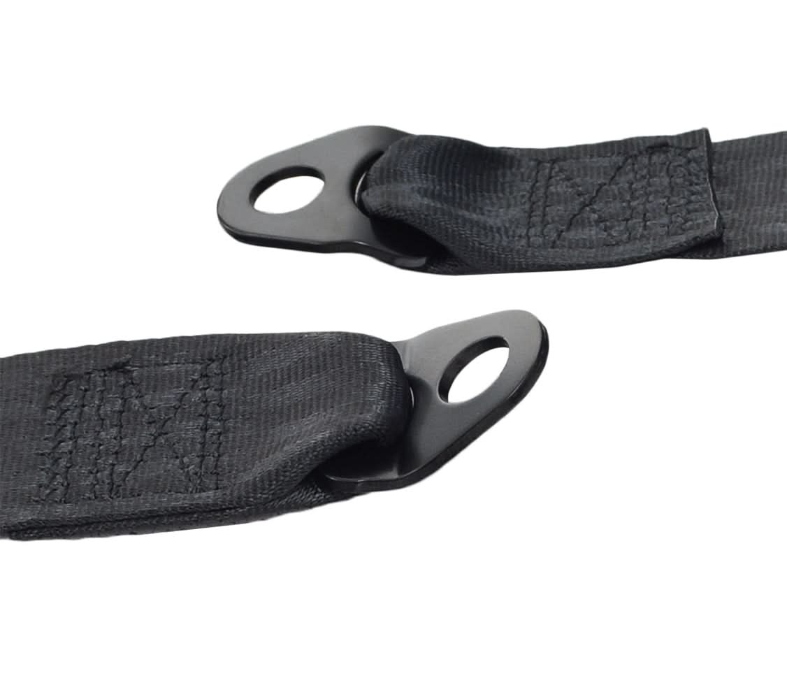 Merits 43700291 seat belt hardware close-up: black straps, mounting clip and adjustment holes