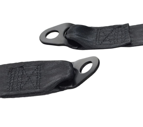 Merits 43700291 seat belt hardware close-up: black straps, mounting clip and adjustment holes