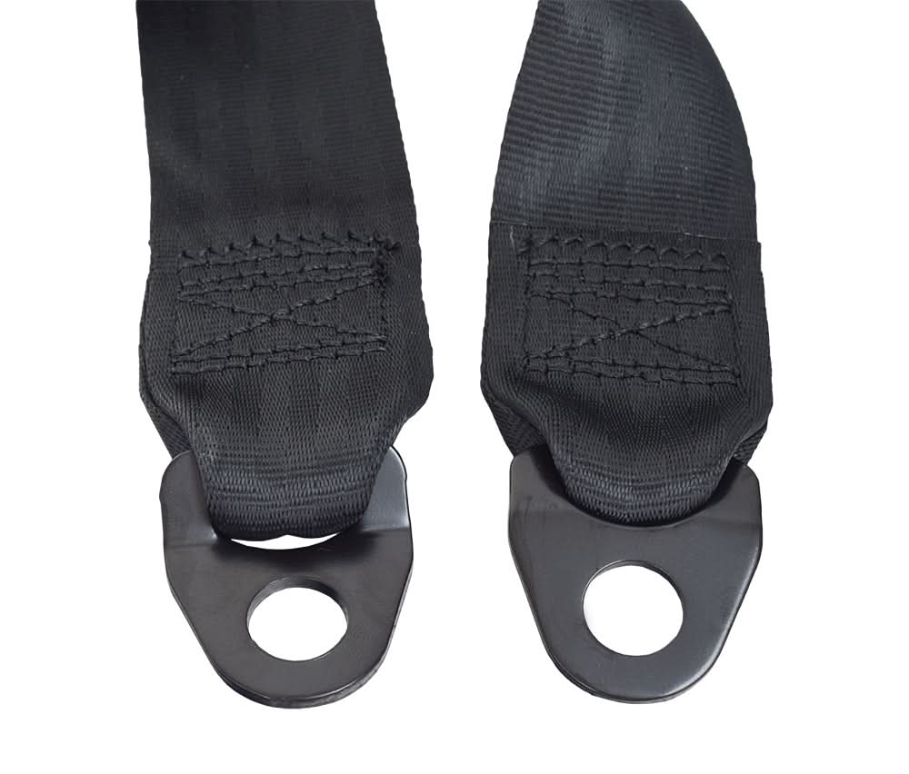 Merits Atlantis & Gemini seat belt straps showing reinforced stitching and mounting holes
