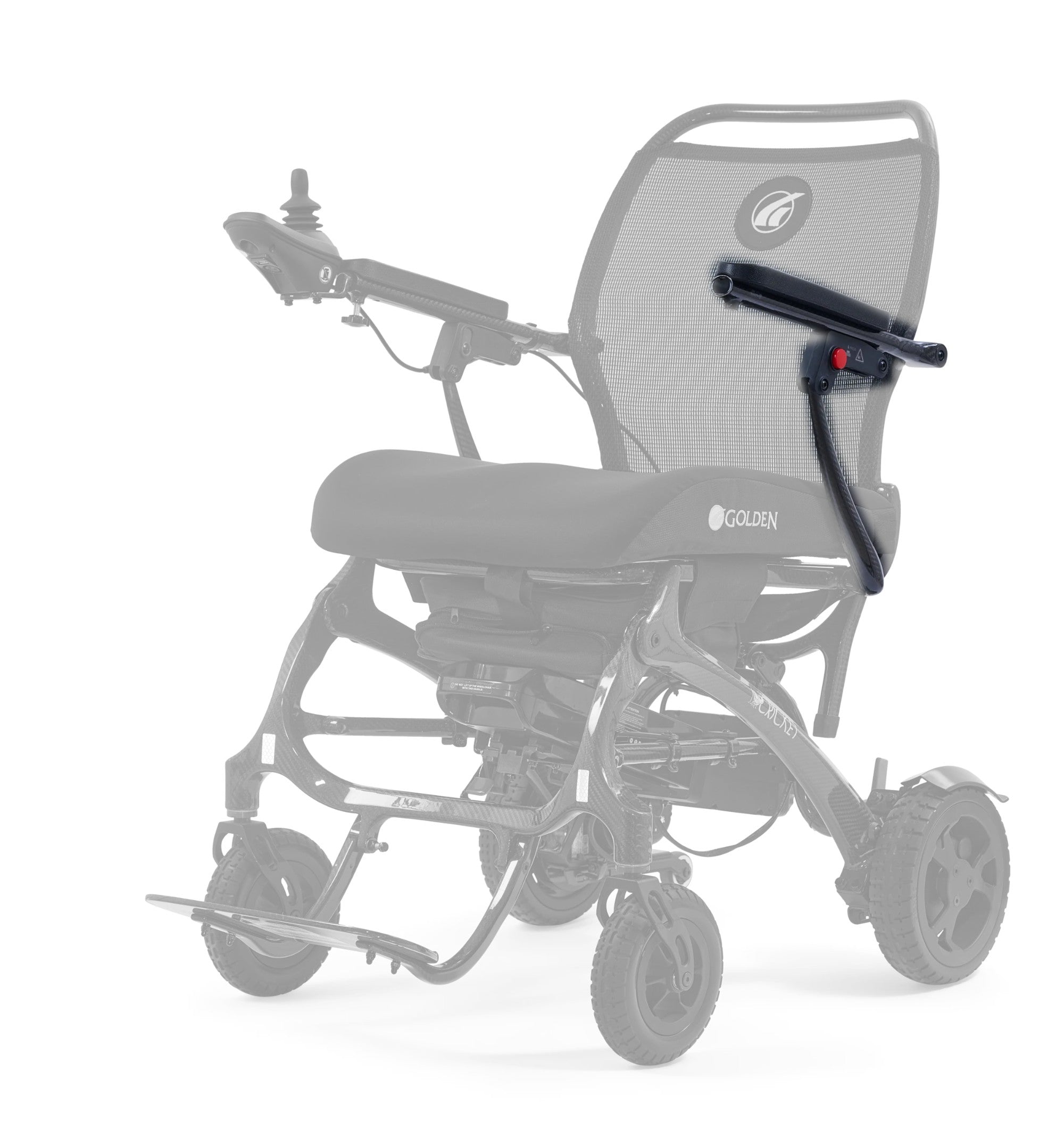 MFA-0048 left armrest frame with arm pad shown in color on the Golden Cricket GP302, rest of the chair greyed out