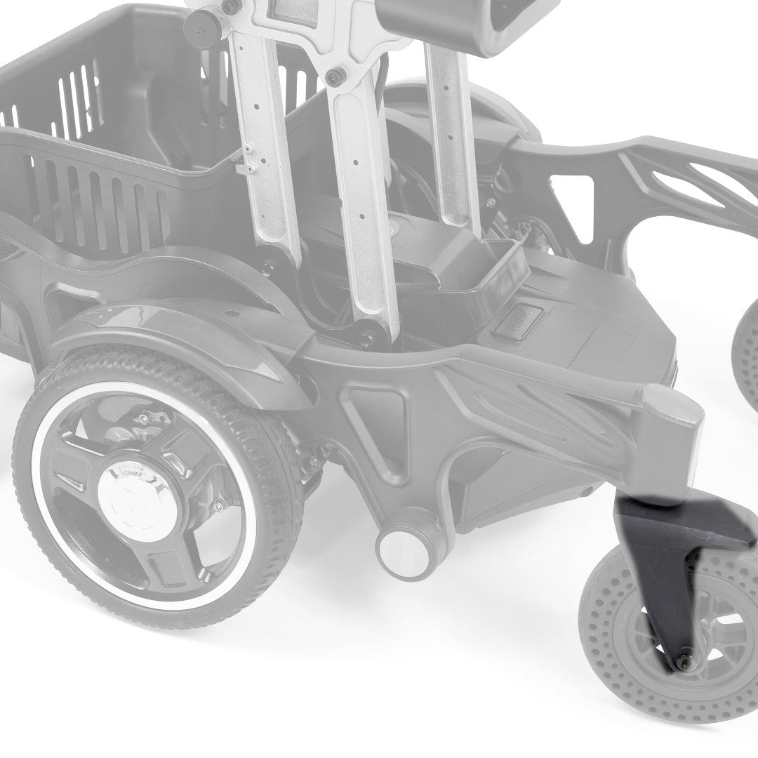 Golden Buzzaround CarryOn GP130 power chair with the MFA-0110 caster wheel fork shown in color and the rest of the chair greyed out