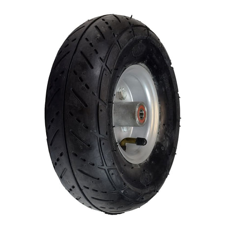 Minimoto Sport Racer Front Wheel Assembly - 10x3.50-4, featuring a black tire with a silver rim, showcasing tread and hubcap details in a close-up view.