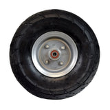 Minimoto Sport Racer Front Wheel Assembly - 10x3.50-4, featuring a tire with prominent tread, metal rim, and red center hubcap. Close-up showcases the detailed circular design and tire structure.
