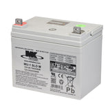 U1 (32 Ah) 12 Volt AGM Mobility Scooter & Power Chair Battery with L-shaped post terminals, featuring a label with black text and a prominent brand name, MK Battery.