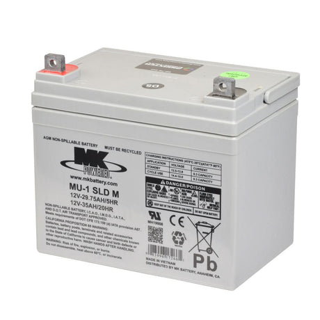 U1 (32 Ah) 12 Volt AGM Mobility Scooter & Power Chair Battery with L-shaped post terminals, featuring a label with black text and a prominent brand name, MK Battery.