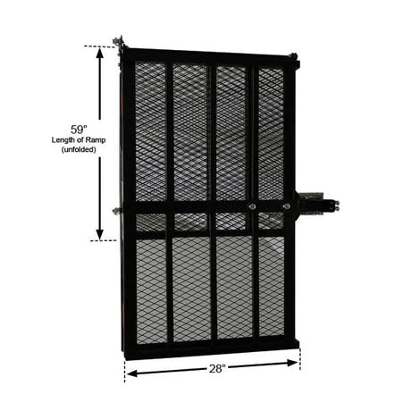 Mobility Scooter Carrier: A black gate with measurements, featuring reinforced steel mesh bottom, fits any Class III (2) hitch, designed to carry up to 500 lbs, includes anti-tilt lock device.