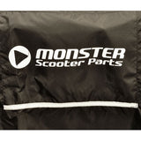 Mobility Scooter Cover Universal Fit: Black cover with white text, made of 400-denier nylon, featuring a reflective strip, grommets, and draw cord for secure fitment, designed to protect scooters from the elements.
