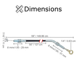 Parking Brake Cable for 49cc, 110cc, & 125cc Kandi Go-Karts & Dune Buggies; diagram showing measurements of a black and silver cable with a loop connector on one end and a barrel connector on the other.
