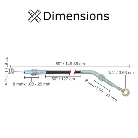 Parking Brake Cable for 49cc, 110cc, & 125cc Kandi Go-Karts & Dune Buggies; diagram showing measurements of a black and silver cable with a loop connector on one end and a barrel connector on the other.