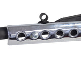 Muffler for the Honda CT70 Trail, featuring a matte black body with polished chrome shields, displaying close-up details of the metal structure, holes, and screws.