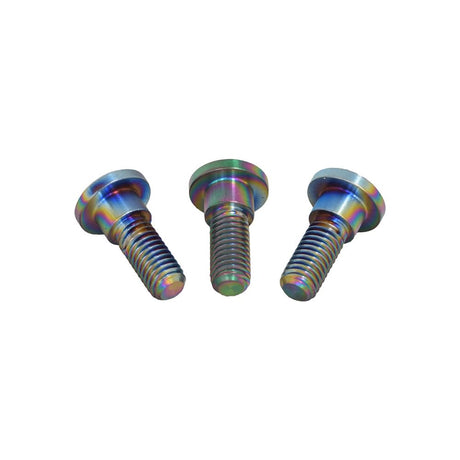 Titanium Brake Rotor Bolts for Scooters: A close-up view of three titanium screws designed for brake rotors, showcasing their fine craftsmanship and precision threading, ideal for enhancing scooter performance.
