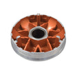 Lightweight Variator Pulley for 50cc GY6 QMB139 Engines, featuring a circular metal design with visible orange and silver details, showcasing close-up views of its high-quality craftsmanship.