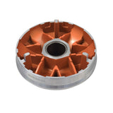 Lightweight Variator Pulley for 50cc GY6 QMB139 Engines, featuring a circular metal design with visible orange and silver details, showcasing close-up views of its high-quality craftsmanship.
