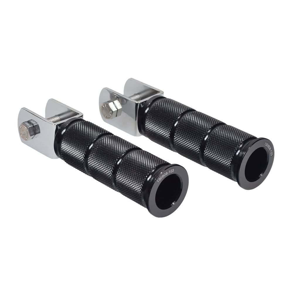 Black Foot Pegs for the Honda Ruckus (NPS50) Scooter: A pair of black metal hand grips with cylindrical connectors, designed for mounting on the footrest, enhancing passenger safety and convenience.