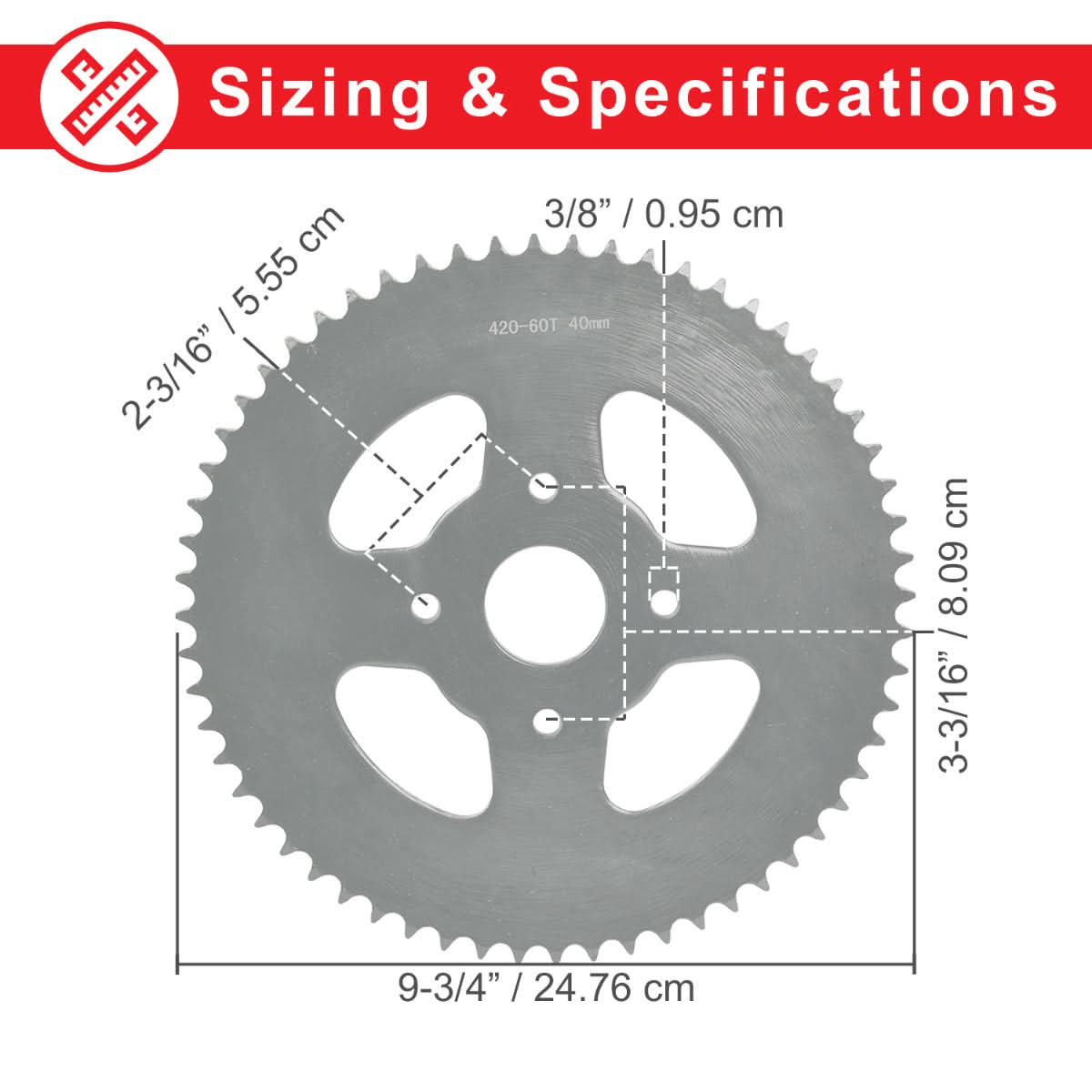 Diagram of the #40/41/420 Chain - 60 Tooth Rear Sprocket for Mini Bikes, showcasing its gear structure and measurements, highlighting its suitability for heavy-duty trail use and suburban riding.