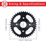 #40/41/420 Chain - 40 Tooth Rear Sprocket for Mini Bikes, featuring a circular black gear with a diagram and cross-section details, highlighting its precise measurements and mounting holes.