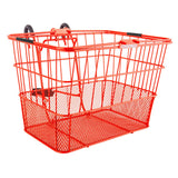 Lift-Off Wire Basket with Mesh Bottom (Blemished) shown as a red shopping cart with black handles, highlighting the practical design ideal for bikes and scooters.