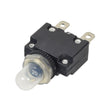 20 Amp (20A) 32VDC 125/250VAC Push-Button Reset Circuit Breaker with 1/4 Tab Terminals, featuring a black electrical switch with a clear protective boot and a plastic knob.