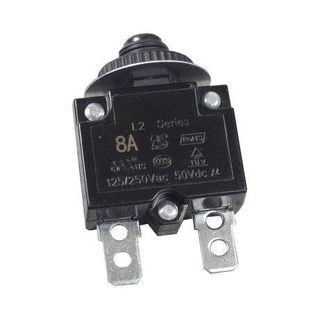 8 Amp (8A) 50VDC 125/250VAC Push-Button Reset Circuit Breaker with 1/4 Tab Terminals for the Razor E100 Power Core Electric Scooter, featuring a black casing with a prominent push-button reset.