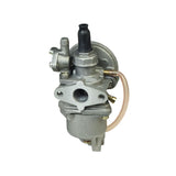 47cc, 49cc, 50cc, & 52cc Scooter & Pocket Bike Carburetor with 13 mm Intake, featuring visible fuel shut-off valve, manual choke, and hoses attached to a metallic engine component.
