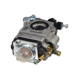 Scooter carburetor close-up, highlighting a 15 mm intake diameter, metal screws, and parts. Suitable for 43cc-52cc 2-stroke engines, made by Wuazhon. Ideal for replacing older scooter carburetors.