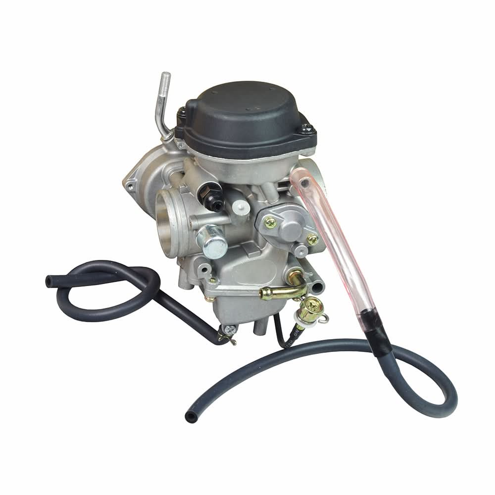 Close-up of PD36J Carburetor for Suzuki Quadsport Z400 ATV (2003-2007), highlighting the intricate components like the manual cable choke, screws, and black plastic cap.