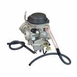 Close-up of PD36J Carburetor for Suzuki Quadsport Z400 ATV (2003-2007), highlighting the intricate components like the manual cable choke, screws, and black plastic cap.