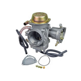 Close-up of the PD42J-A Carburetor for the Yamaha YXR660 Rhino 660 ATV, showcasing attached hoses and extended choke control mechanism. Ideal replacement for 2004-2007 Yamaha 660 engines.