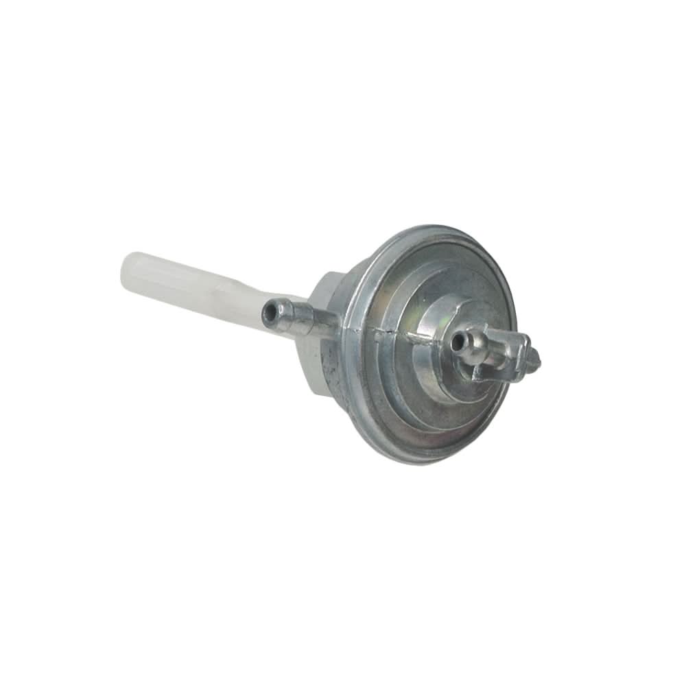Petcock Fuel Valve for 125cc, 200cc, & 250cc Hammerhead Off-Road®, Joyner, Kandi, & Taotao Go-Karts, showing a close-up of its metal body and white handle, designed for controlling fuel flow.