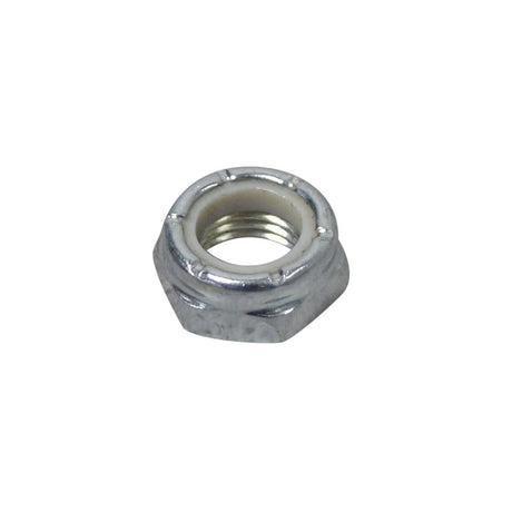 Close-up of a Nylon Lock Nut for Full-Length Armrest, compatible with Quantum Q600 scooters, showcasing its metallic finish and intricate threading, essential for securing armrest components.