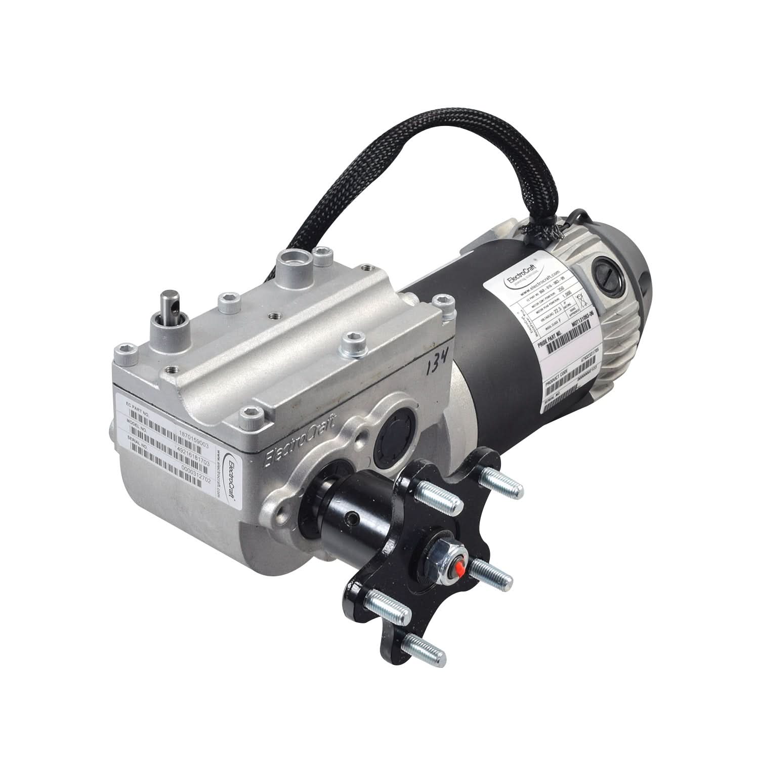 5 MPH I-Song ElectroCraft Motor and Gearbox Assembly for Quantum Q6 Edge, showing a close-up of the black and silver machine with visible metal bolts, barcode, and label parts.