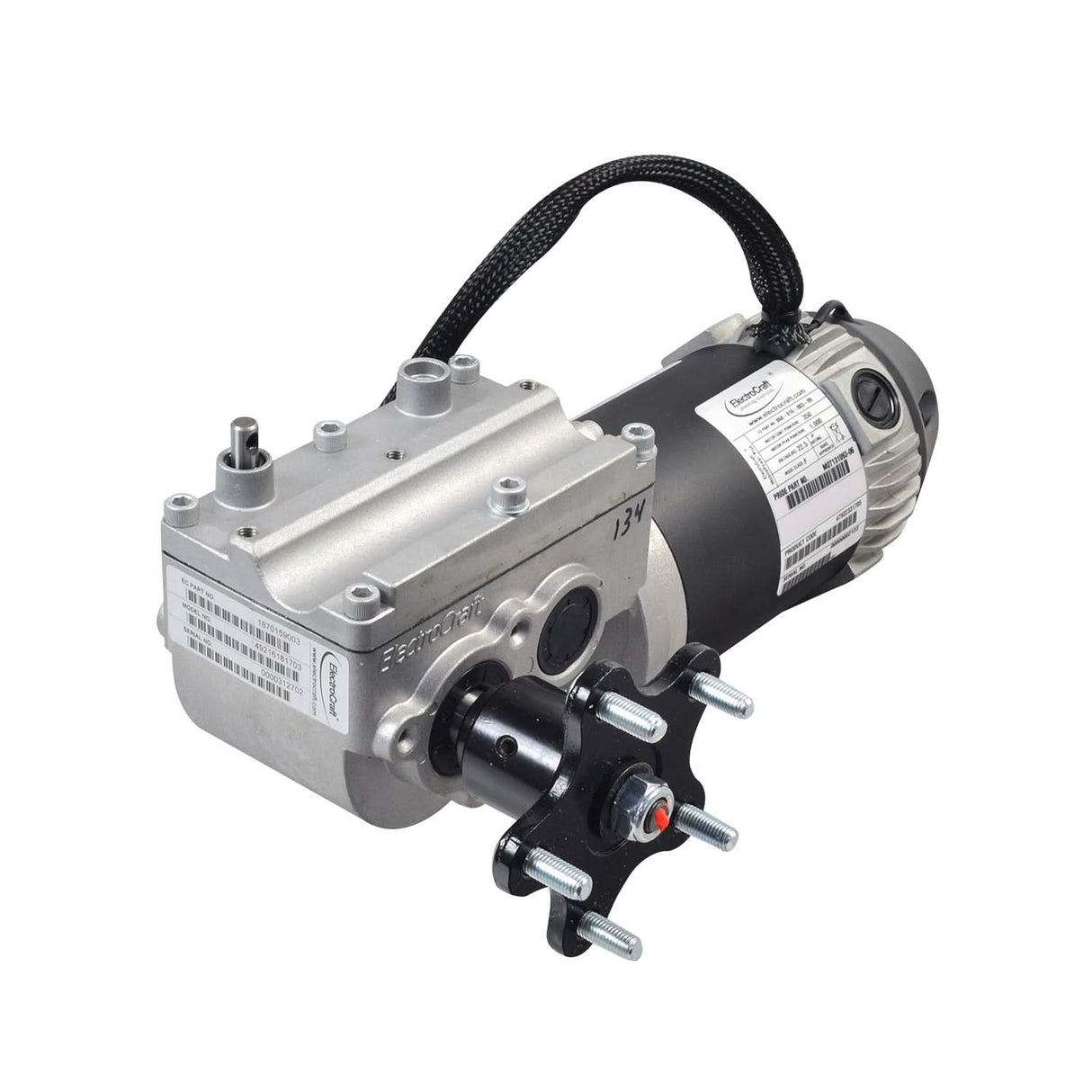 5 MPH I-Song ElectroCraft Motor and Gearbox Assembly for Quantum Q6 Edge, showing a close-up of the black and silver machine with visible metal bolts, barcode, and label parts.