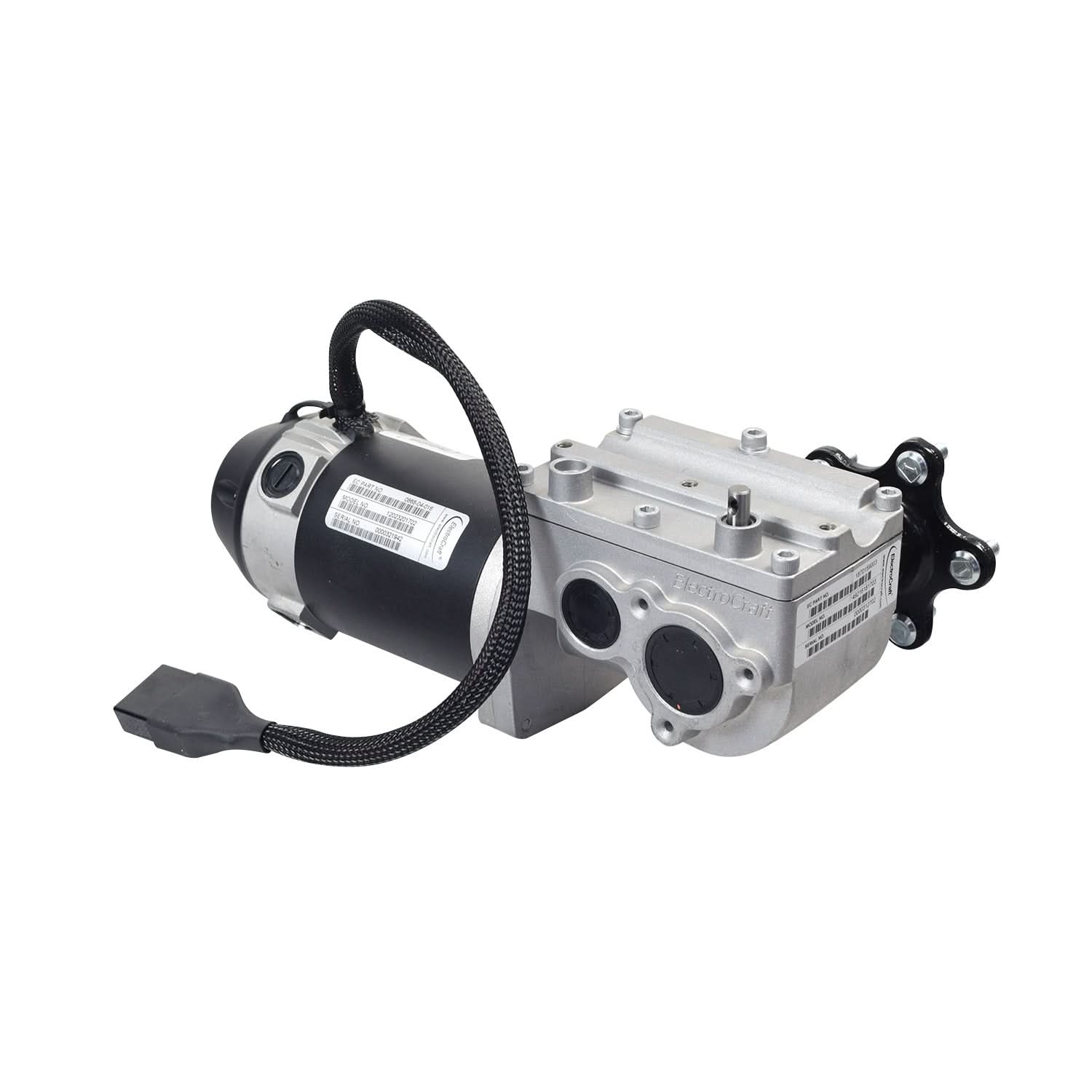 5 MPH I-Song ElectroCraft Motor and Gearbox Assembly for the Quantum Q6 Edge, showing a close-up of the silver and black motor with visible components and a barcode on the black surface.