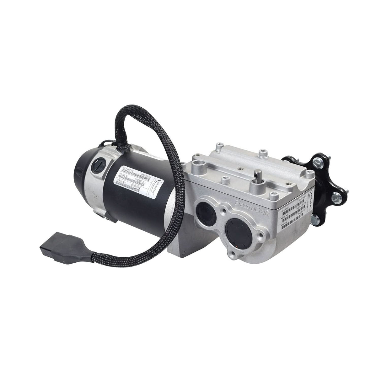 5 MPH I-Song ElectroCraft Motor and Gearbox Assembly for the Quantum Q6 Edge, showing a close-up of the silver and black motor with visible components and a barcode on the black surface.