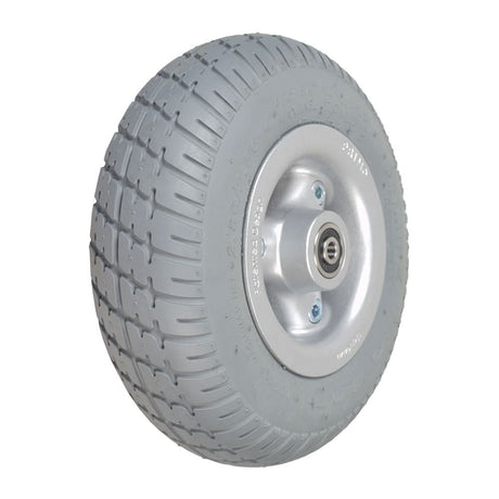 9 Flat-Free Caster Wheel for the Quantum Rival, featuring a gray tire on a silver rim with installed bearings and spacer.