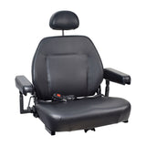 22X20 Hi-Back Low Profile Seat for the Jazzy Select HD featuring armrests, height-adjustable headrest, quick-release seat frame, and 70 lap belt in black vinyl upholstery.