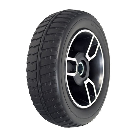 9 Rear Wheel Assembly for the Pride Revo 2.0 featuring a black, non-marking flat-free tire with a silver rim, designed for both 3-wheel and 4-wheel Revo 2.0 mobility scooters.