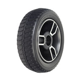 9 Front Wheel Assembly for the 4-Wheel Pride Revo 2.0 (S67) featuring a black low-profile solid tire with a 2-tone black and silver rim and pre-installed bearings.